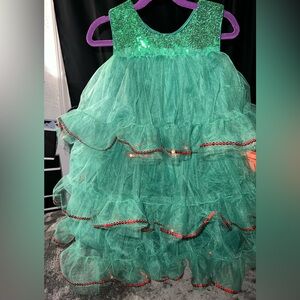 Green Ruffled Dress with Red sequin Accents and green sequined top! Beautiful!